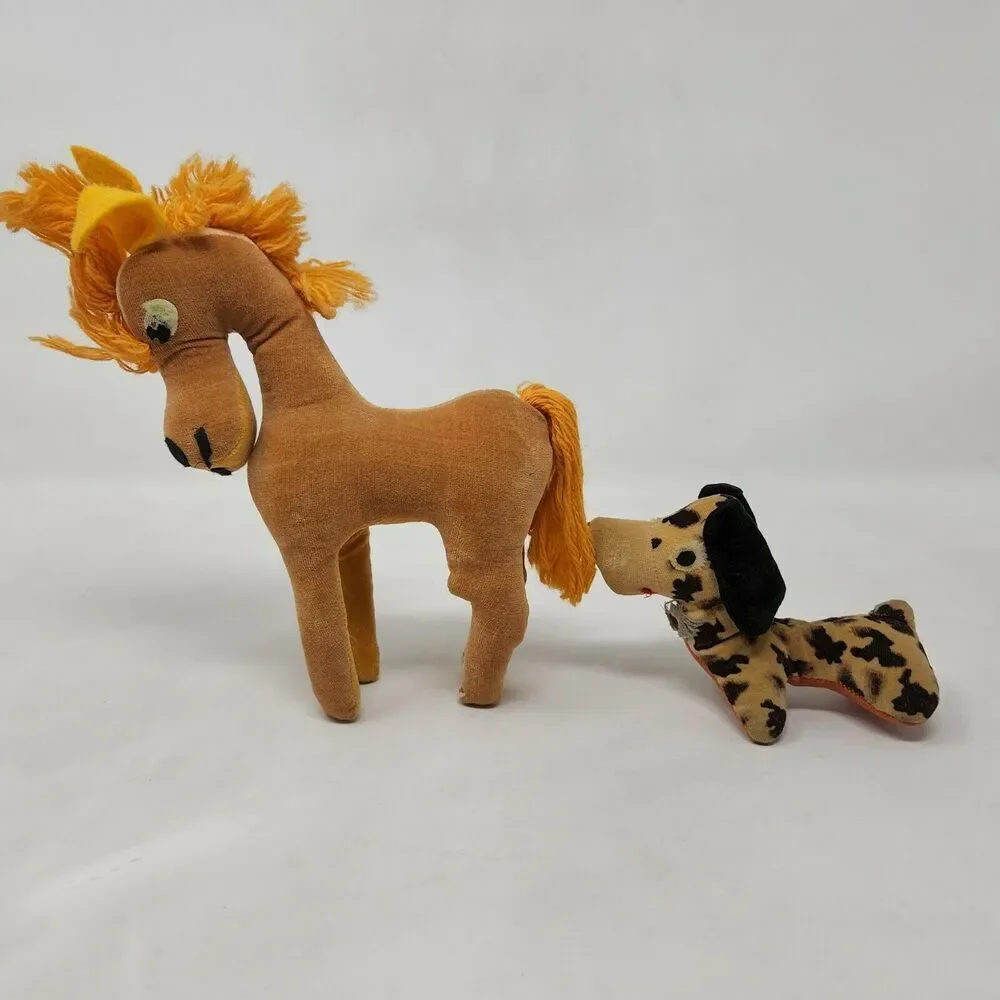 VINTAGE JAPAN PLUSH PRIZE BROWN HORSE SPOTTED DACHSUND ANIMAL TOY DOLL FELT EYES
